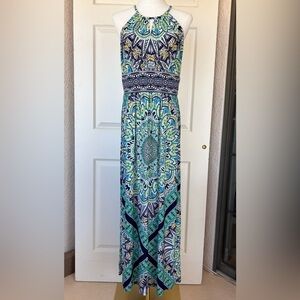 London Times Petites Halter Maxi‎ Dress Medallion Print 10P